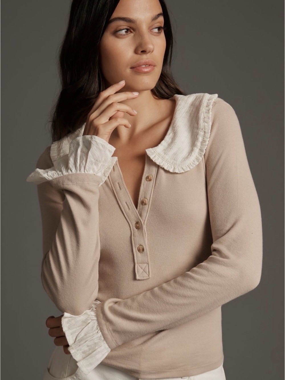 NWT Anthropologie Pilcro Keira -SZ L- Collared Button-Front Tan White Blouse Top